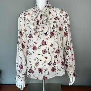 Pink Tartan | floral blouse | tie neck | size M